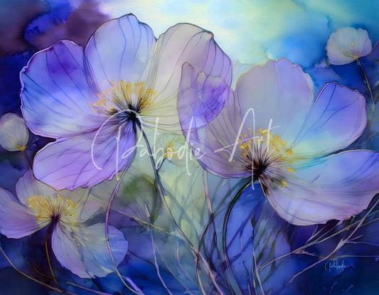 A watercolor painting titled dancing viola featuring delicate purple and white flowers with yellow centers on a soft blue green background