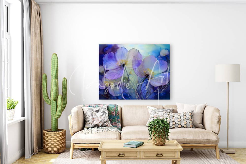 A vibrant abstract floral watercolor painting titled dancing viola featuring soft purple and blue hues with white centers