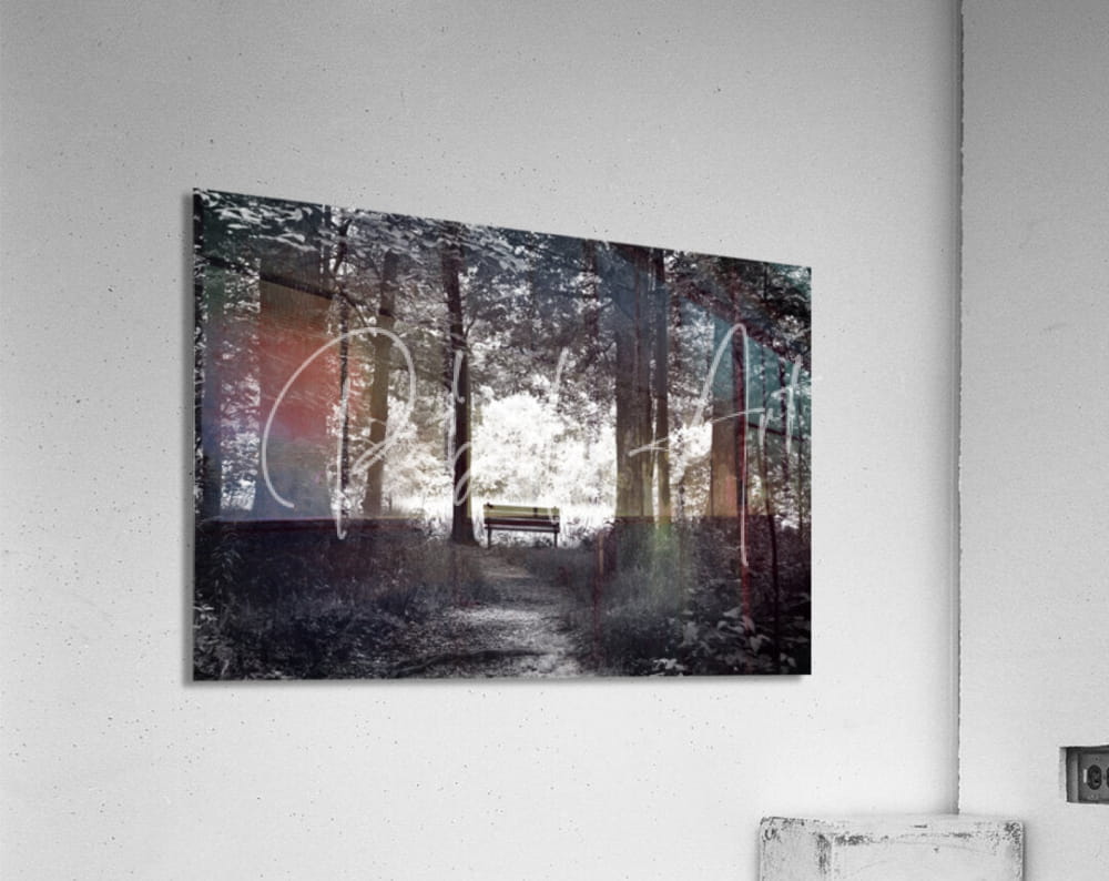 Dark to light rectangular acrylic print featuring a serene forest scene with a wooden bench and soft natural lighting