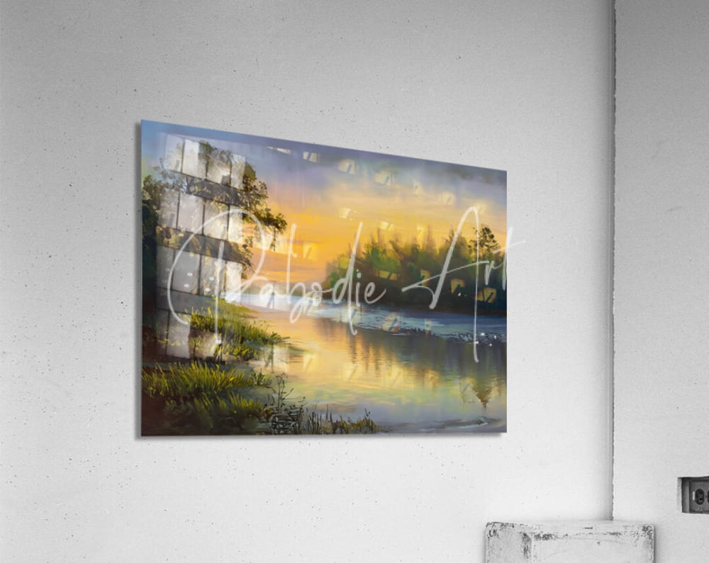 As the dawn breaks acrylic print featuring a rectangular sunset over water with reflections trees and a stone structure