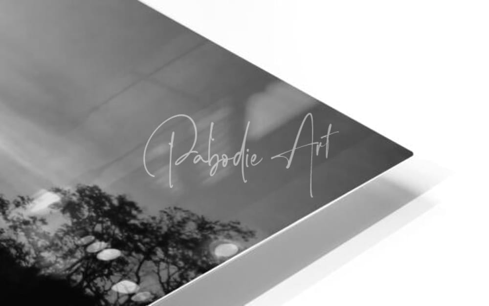 Black and white framed art print of a tree silhouette against a cloudy sky with pabodie art cursive text titled dawn breaks over still waters