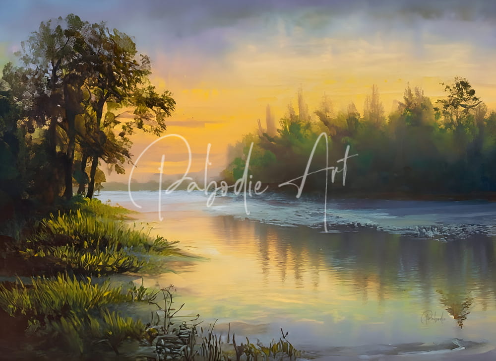 A serene sunset landscape painting titled as the dawn breaks featuring a tranquil river with golden and purple hues