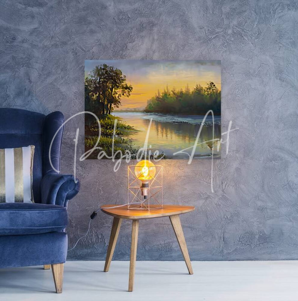 A warm-toned oil painting titled as the dawn breaks depicting a serene river at sunset framed in simple white