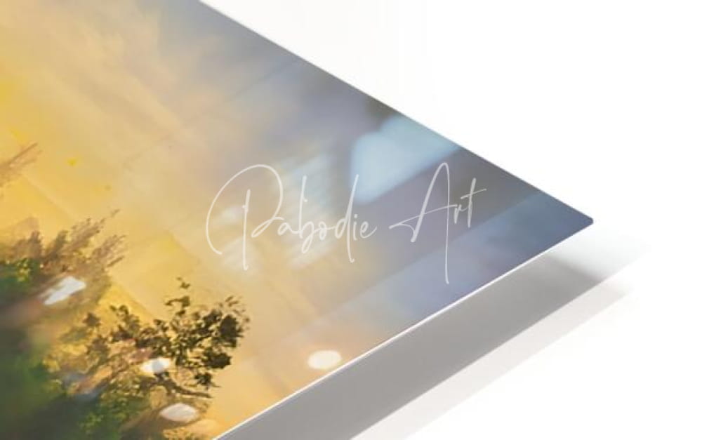 A sleek modern acrylic art print titled as the dawn breaks featuring a warm sunset with golden and blue hues over trees