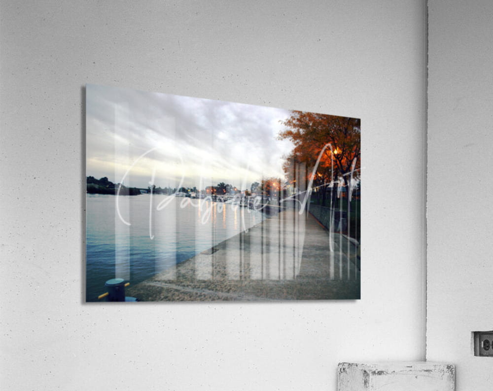 Acrylic print of dawn on the huron river with serene autumn trees and soft twilight lighting on waterfront scene