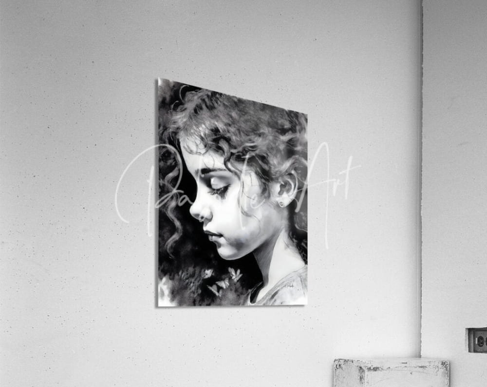 Black-and-white portrait canvas titled daydreaming featuring a young girl with curly hair on an off-white wall