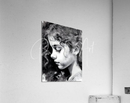 Black-and-white portrait canvas titled daydreaming featuring a young girl with curly hair on an off-white wall