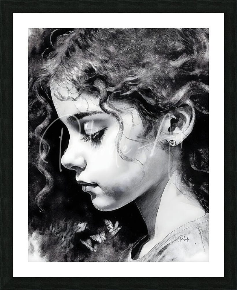 Black-and-white framed portrait titled Daydreaming of a young girl with curly hair and butterflies signed by artist a
