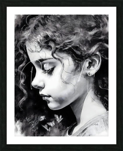 Black-and-white framed portrait titled Daydreaming of a young girl with curly hair and butterflies signed by artist a