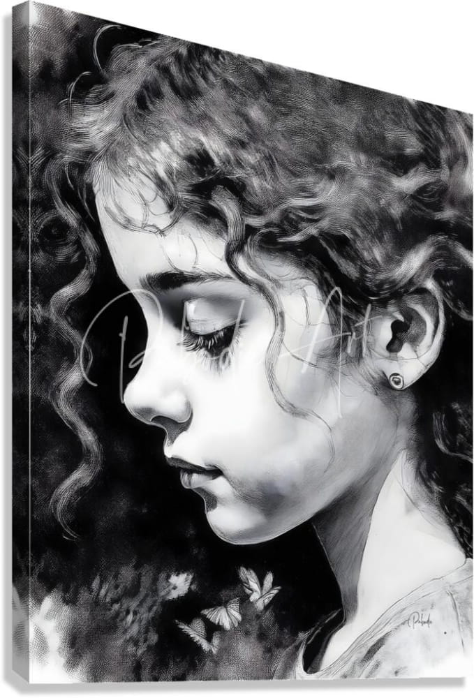 Black-and-white canvas print daydreaming featuring detailed pencil sketch of young woman with curly hair and butterfly motifs