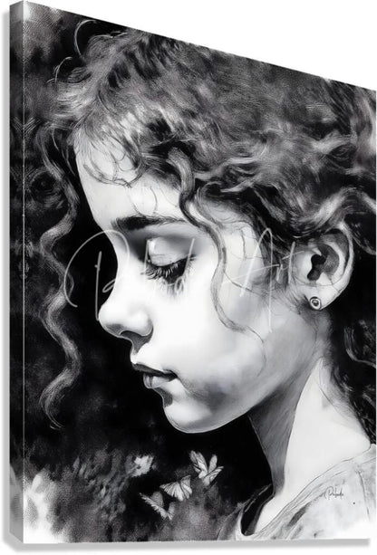 Black-and-white canvas print daydreaming featuring detailed pencil sketch of young woman with curly hair and butterfly motifs