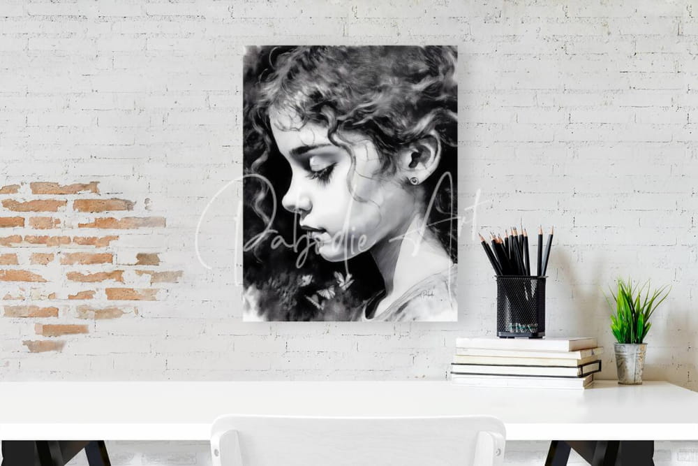 Black and white canvas portrait of a young girl with curly hair featuring delicate shading titled daydreaming