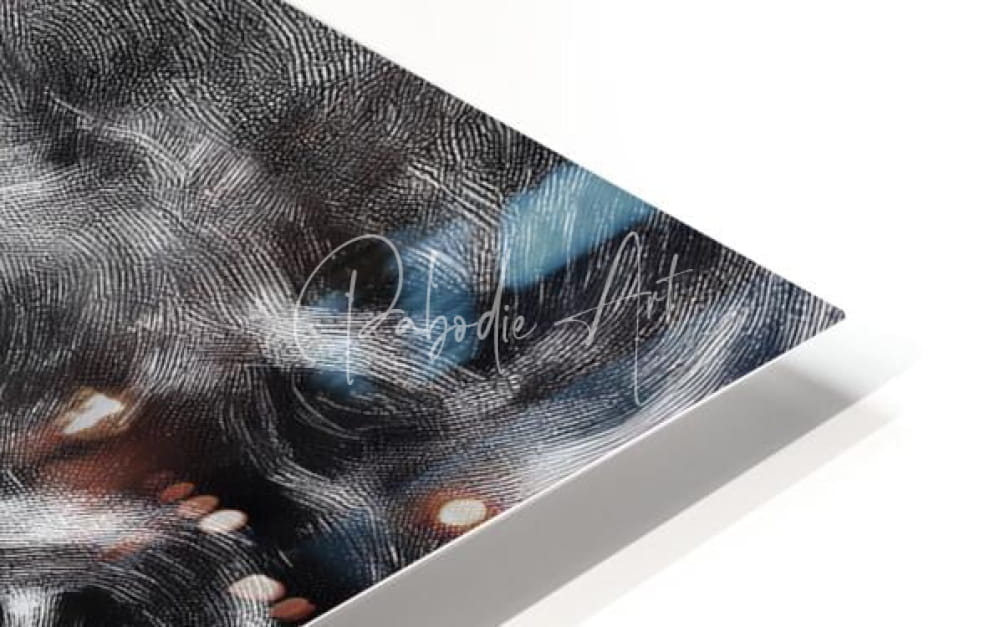 Daydreaming sleek black and blue abstract art print with textured brushstrokes and glowing circles in white floating frame