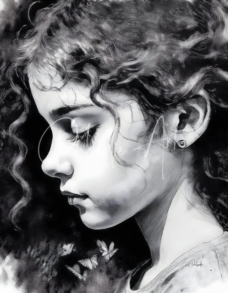 A detailed black and white pencil sketch of a young woman with curly hair titled daydreaming