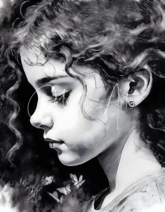 A detailed black and white pencil sketch of a young woman with curly hair titled daydreaming
