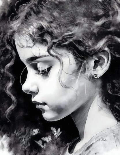 A detailed black and white pencil sketch of a young woman with curly hair titled daydreaming illustration