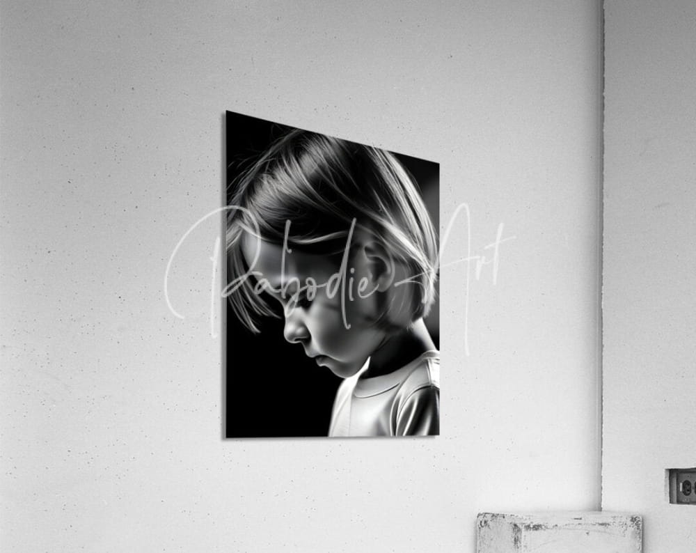 Black-and-white canvas portrait of a young child in profile titled deep in thought mounted on a wall