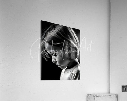 Black-and-white canvas portrait of a young child in profile titled deep in thought mounted on a wall