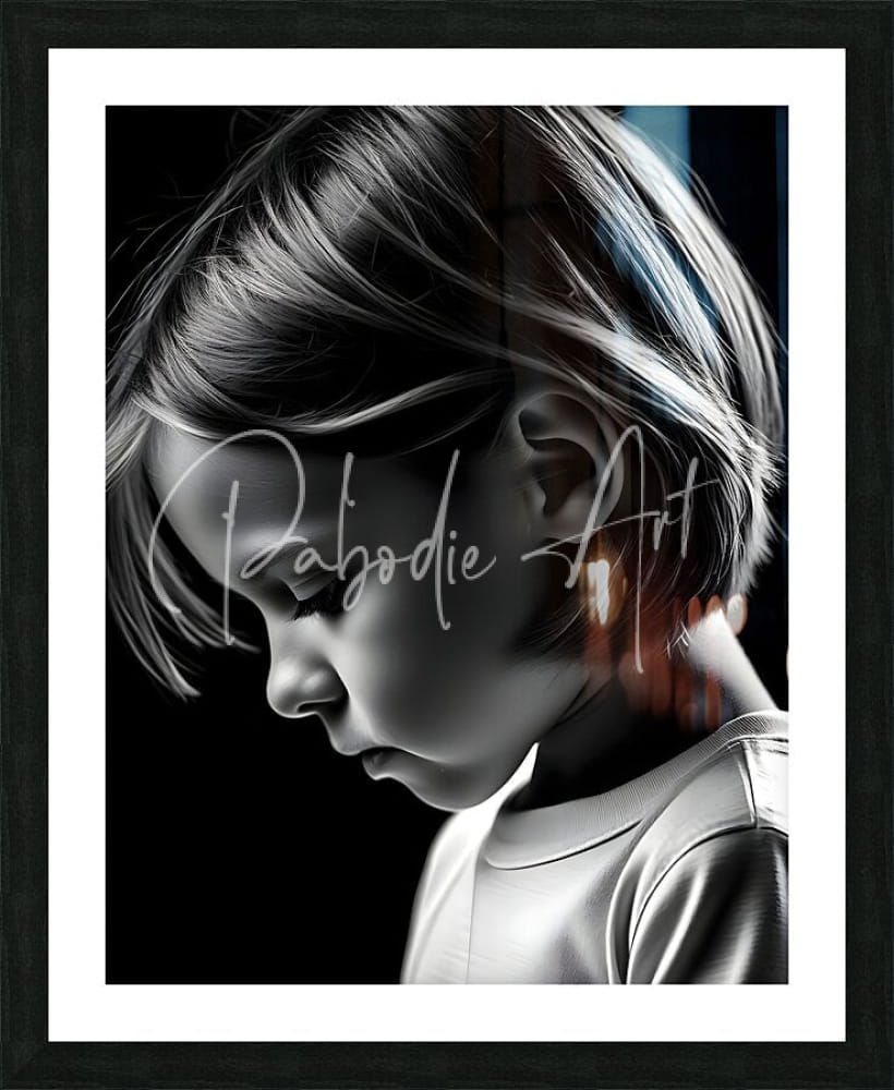 Deep in thought black and white child portrait art in sleek black frame with white mat perfect for wall decor