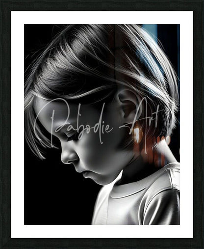 Deep in thought black and white child portrait art in sleek black frame with white mat perfect for wall decor