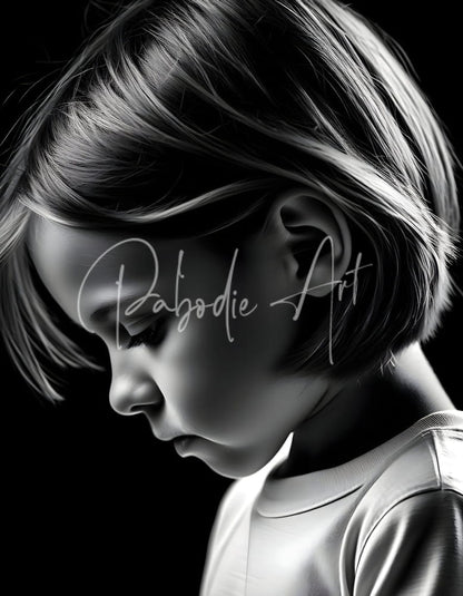 Black and white portrait of a young child with short layered hair wearing a simple crew neck top deep in thought