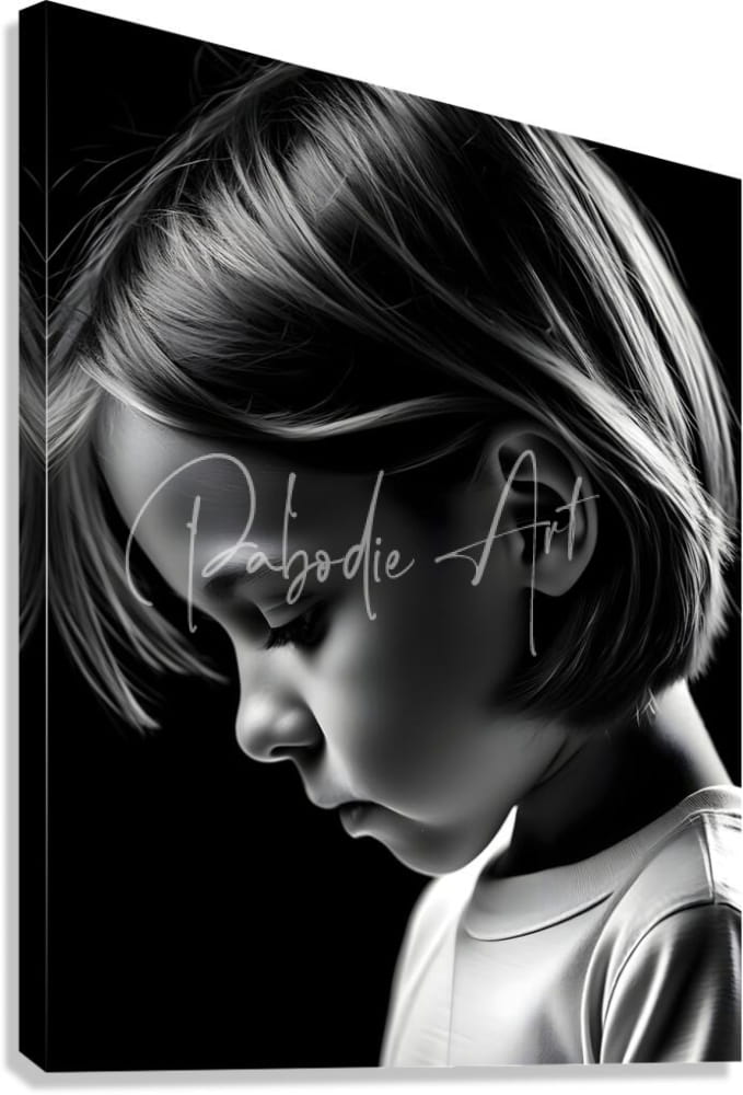 Black-and-white canvas print titled deep in thought featuring a young childs profile with soft layered hair and subtle shading