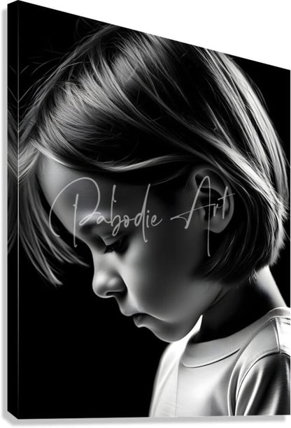 Black-and-white canvas print titled deep in thought featuring a young childs profile with soft layered hair and subtle shading
