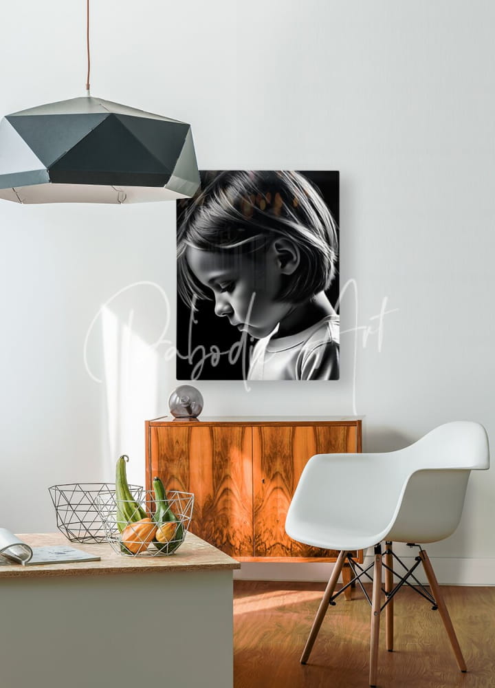 Black-and-white portrait canvas of a young child with short hair mounted on a white wall titled deep in thought