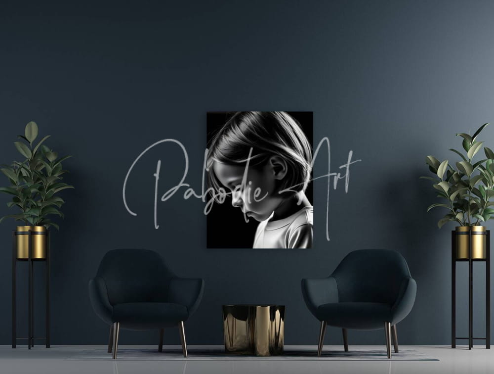 Black and white portrait canvas of a young girl with short hair signed pabodie art titled deep in thought