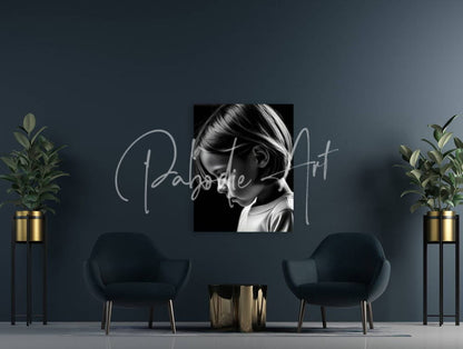 Black and white portrait canvas of a young girl with short hair signed pabodie art titled deep in thought