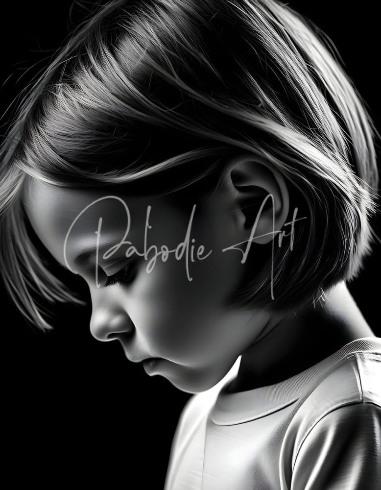 Black-and-white portrait of a young child with short layered hair wearing a simple crew-neck top deep in thought