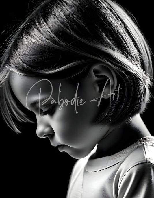Black-and-white portrait of a young child with short layered hair wearing a simple crew-neck top deep in thought