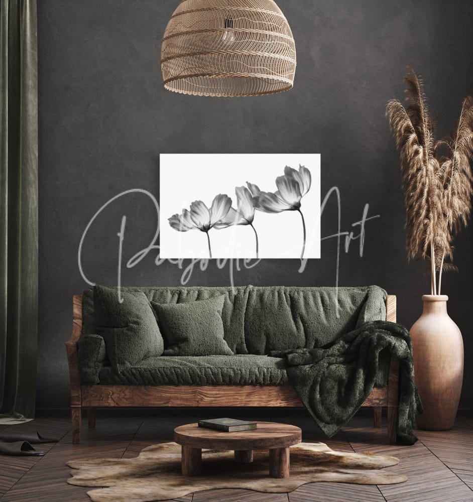 Delicate cosmos black and white floral artwork on white canvas framed by minimalist cursive script