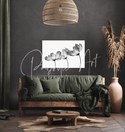 Delicate cosmos black and white floral artwork on white canvas framed by minimalist cursive script