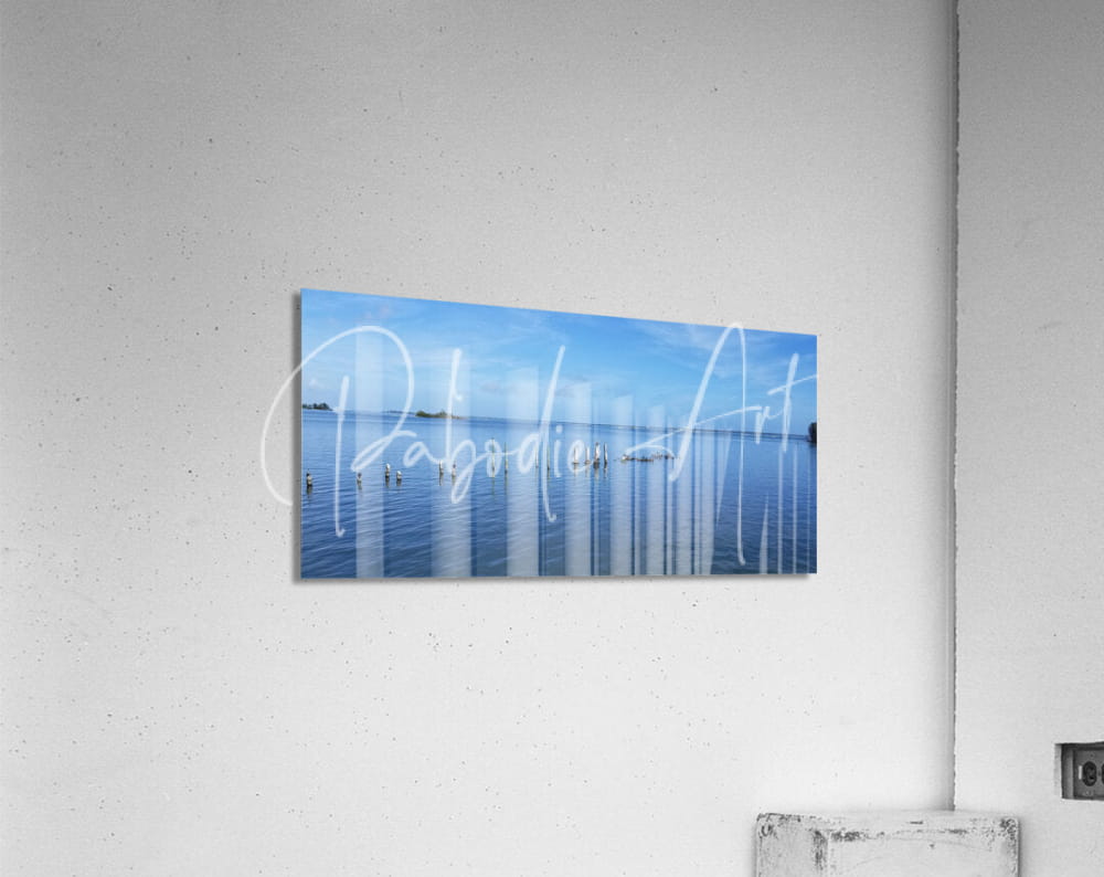 Blue acrylic print dock of better days featuring a serene lake with distant islands and vertical light streaks