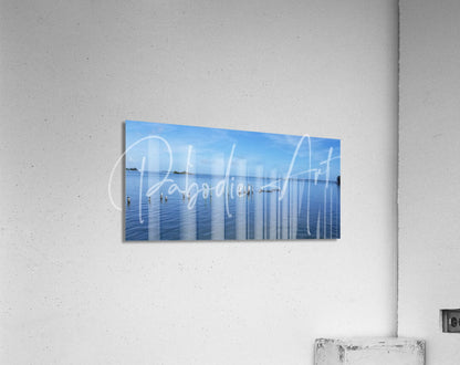 Blue acrylic print dock of better days featuring a serene lake with distant islands and vertical light streaks