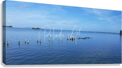Blue ocean scene canvas print dock of better days featuring vibrant blue hues ideal for home decor