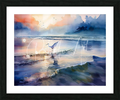 A framed watercolor painting titled egret fishing of a white heron on wet sand at sunset with orange and blue ocean reflections