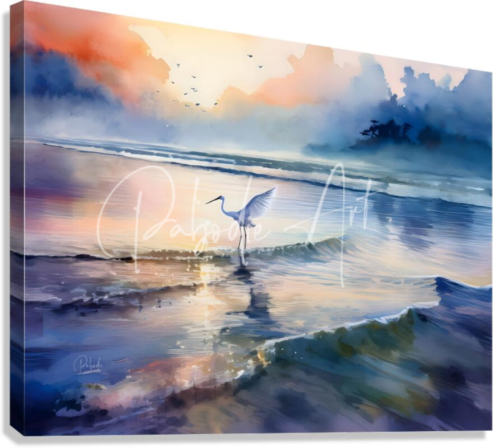 Watercolor canvas painting of a white heron standing in shallow waves at sunset with orange pink and blue hues titled egret fishing