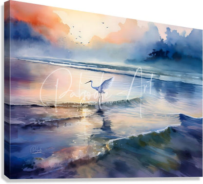 Watercolor canvas painting of a white heron standing in shallow waves at sunset with orange pink and blue hues titled egret fishing