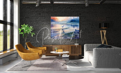A vibrant watercolor painting titled egret fishing featuring a white bird flying over calm coastal waters in soft colors