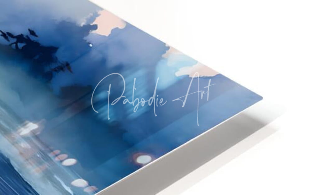 Egret fishing blue watercolor abstract art print with white cursive pabodie art on modern floating frame