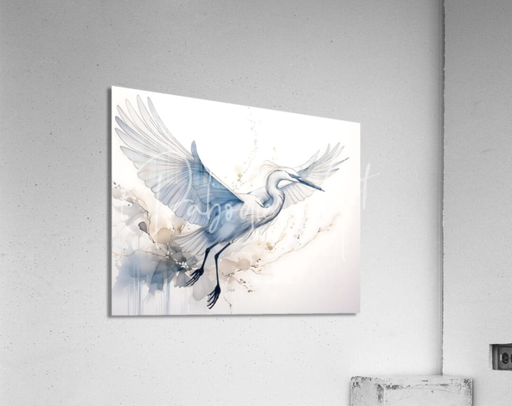 Blue and white acrylic print of a flying heron watercolor painting titled egret in flight ink wash