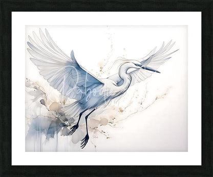 A framed watercolor painting of a white heron in mid-flight with blue and gray washes titled egret in flight ink wash