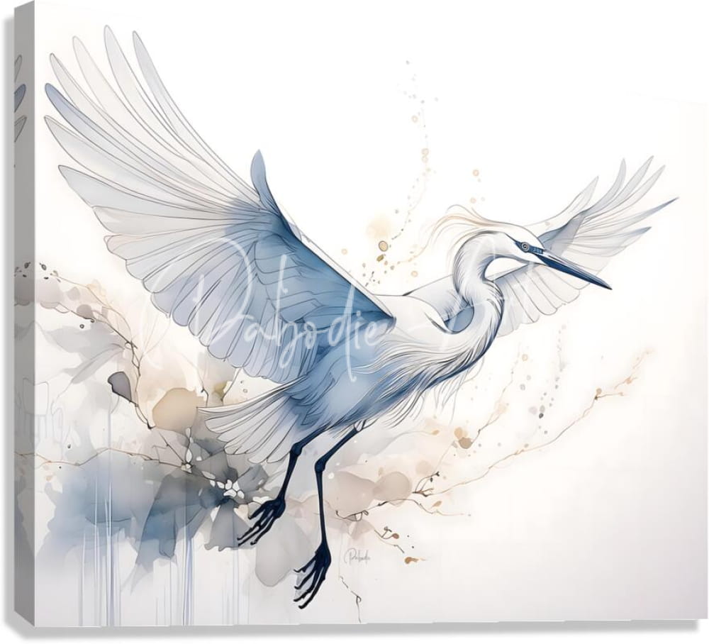 A watercolor painting titled egret in flight ink wash featuring a white heron with blue wings in mid-flight