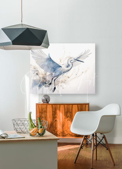 Egret in flight ink wash watercolor painting of a white heron in mid-flight on a soft blue and gray rectangular canvas