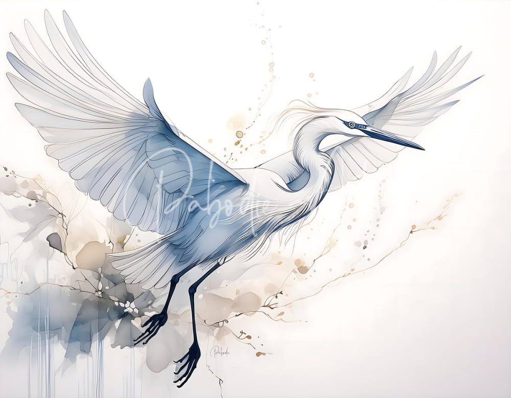 Egret in flight ink wash featuring a white heron with blue-gray wings and black beak against a watercolor background