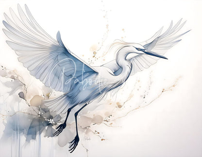 Egret in flight ink wash featuring a white heron with blue-gray wings and black beak against a watercolor background
