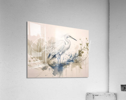 A sleek rectangular acrylic print titled egret ink wash featuring a white heron with blue and beige watercolor splashes