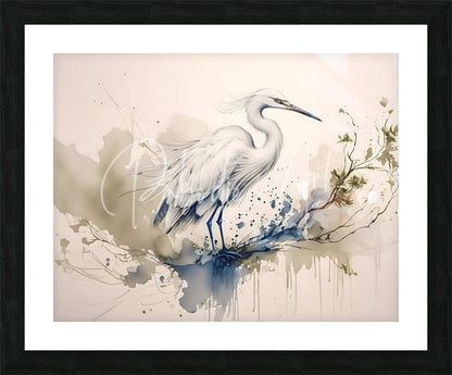 A framed watercolor painting titled Egret Ink Wash featuring a white egret with blue and gray splashes on beige background